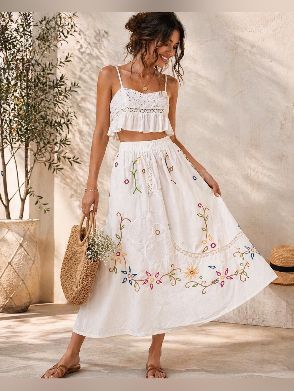 DRA Los Angeles White Embroidered Midi Skirt Boho Floral Eyelet Lace NWT Size M